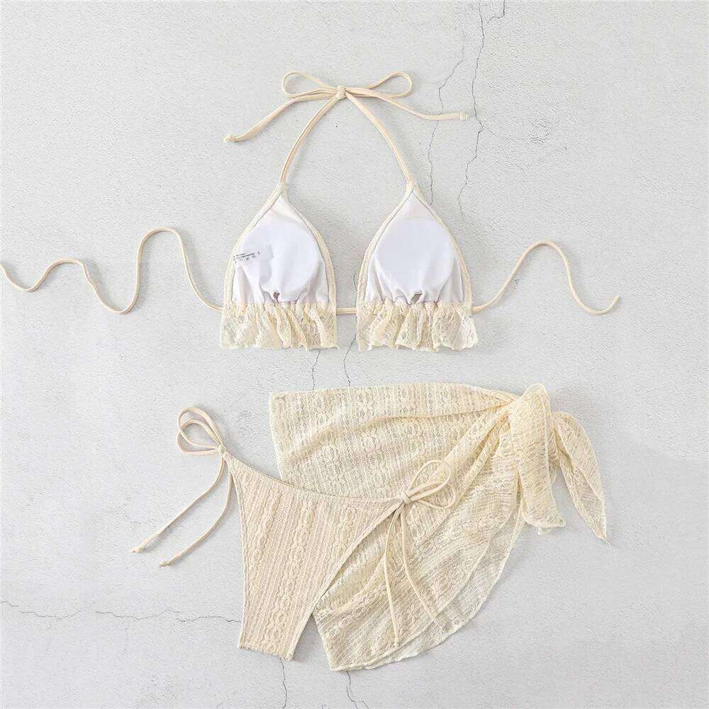 Halter String Triangle 3 Piece Bikini Set Beige Lace Mesh Sexy Swimsuit Women 2026 Cover Up Swimwear Bathing Suit Bikinis Dames Z260301