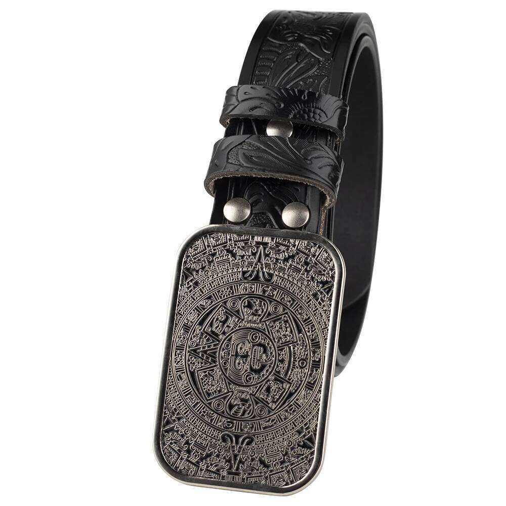 Aztec Calendar Alloy Buckle Eembossed Leather Belt Leisure Fashion S260228
