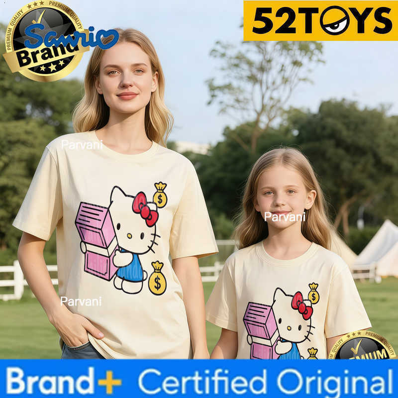 Sanrio 2026 Autumn-Winter Trending Hello Kitty Money Box Print 100 Cotton Parent-Child T-Shirts High Quality Loose Casual Fashion H260302