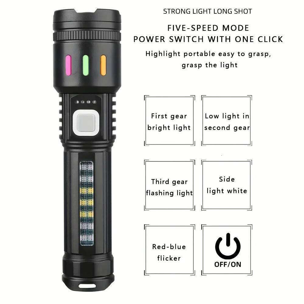 1/2pcs Ultra Bright Rechargeable Flashlight Powerful Torch with 5 Modes Red/Blue Flash Digital Display Screen USB-C Charging Z260301