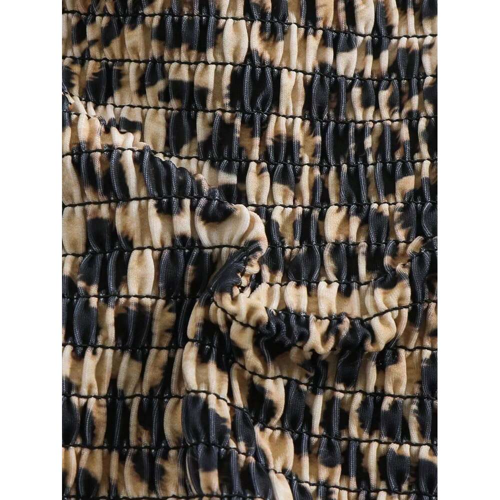 Summer fashion leopard print pleated metal jewelry halterneck string bikini set, suitable for vacations, festivals, beach Z260301