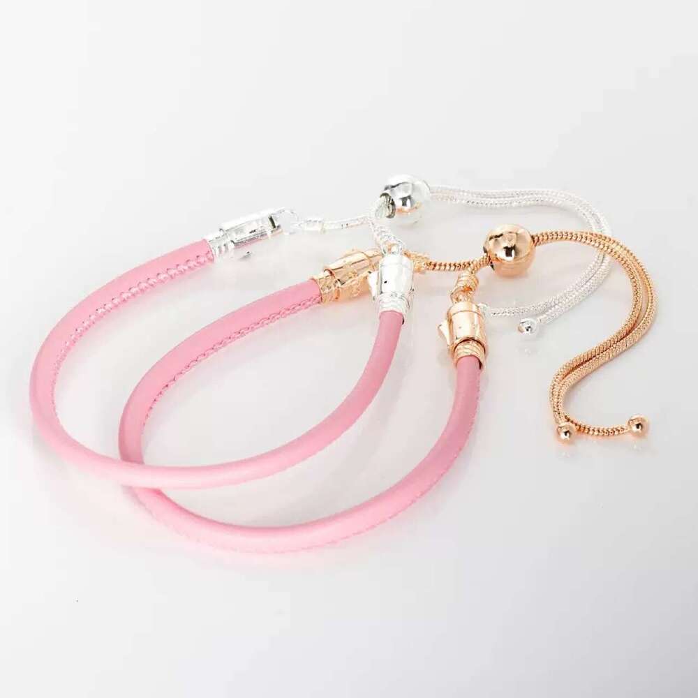 925 silver pink leather bracelet rose gold color fit silver charms beads DIY bracelet for women jewelry accessories Wholesale
