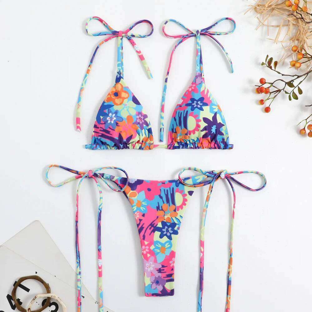 Girl Bikini Set Push Up Swimwear Women 2025 Thong Swimming Floral Print Bathing Suit String Swimsuit Brazilian Biquinis Z260301
