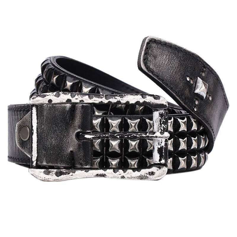 3.8CM Retro Real Genuine Belt Luxury Thick Rivet Belts Men Leather Vintage Strap Male Wide Jeans Ceinture Black Waist S260228