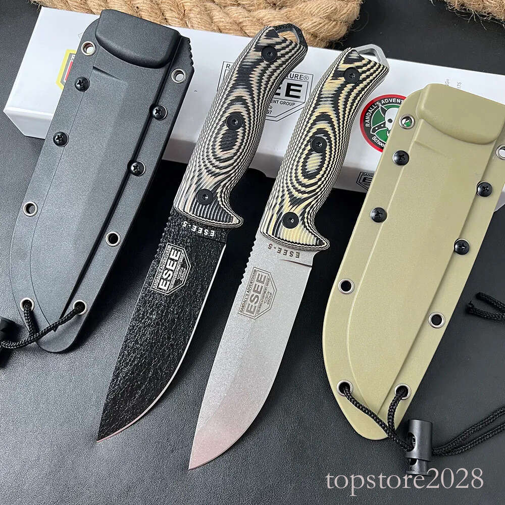 H2501 ESEE-5 Survival Straight Knife 1095 High Carbon Steel Stone Wash Drop Point Full Tang G10 Handle Outdoor Fixed Blade Knives with Kydex