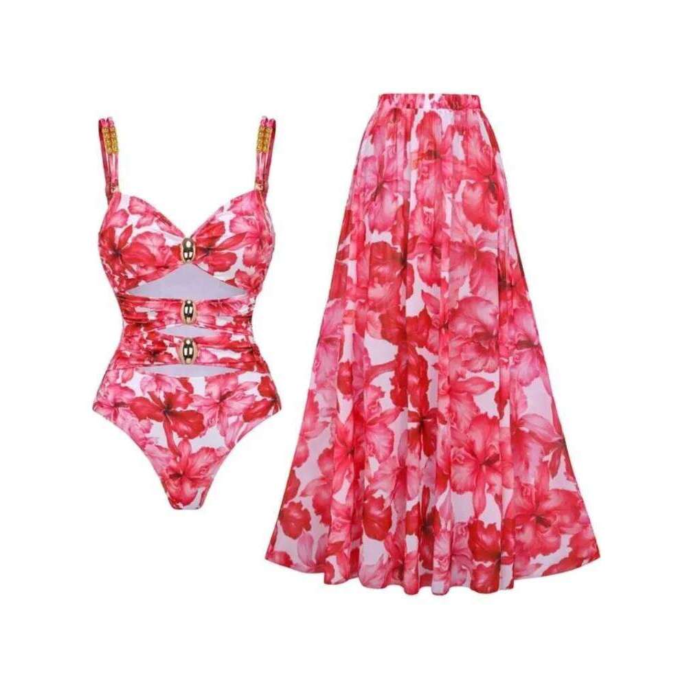 Retro Flower Bikini Printed Fashion One Piece Swimsuit And Cover Up With Skirt Tight Women's Bandage Summer Beach Luxury Elegant Z260301