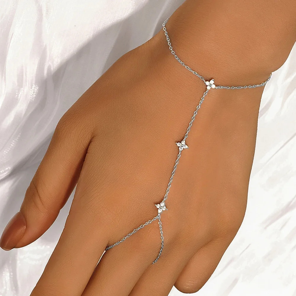 Women Bracelets Waterproof 14K Gold Ring Bracelet Hand Chain Dainty Daisy Cubic Zirconia Stackable Link Chain Hypoallergenic 260302