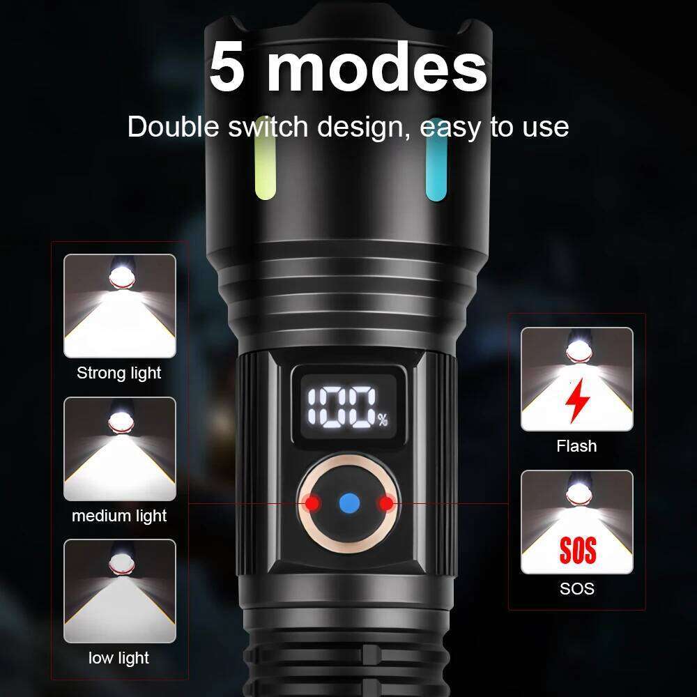 High Power LED Digital Display Rechargeable Flashlight Long Range Tactical Flashlights Fishing Self Defensa Lantern Z260301