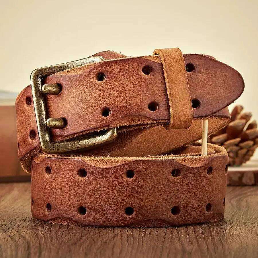 Thick Original Vintage Men Wide Male Cowhide Real Genuine Leather Double Prong Buckle Strap Cowboy Jeans Belt S260228
