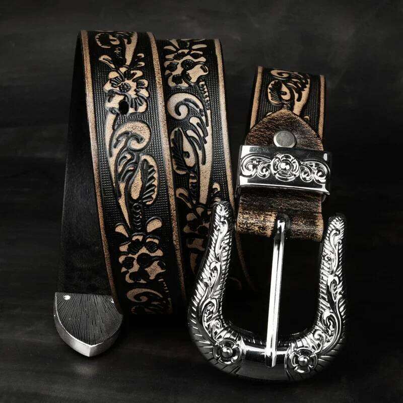 3.8cm Cowhide Belts For Men Print Top Grain Genuine Cow Leather Embossing Male Punk Belt for jeans Vintage Pin Buckle Strap S260228