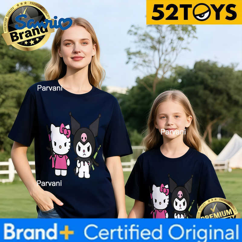 Sanrio 2026 Autumn-Winter Trending Hello Kitty X Kuromi Warrior Print 100 Cotton Parent-Child T-Shirts High Quality Loose Casual H260302