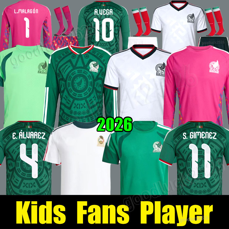 2026 World Cup Mexico Jersey RAUL GIMENEZ Soccer Jerseys 26 27 ALVAREZ LOZANO H.LOZANO VASQUEZ Football Shirts Men Kids kits Uniforms Fans Player Green Long sleeves