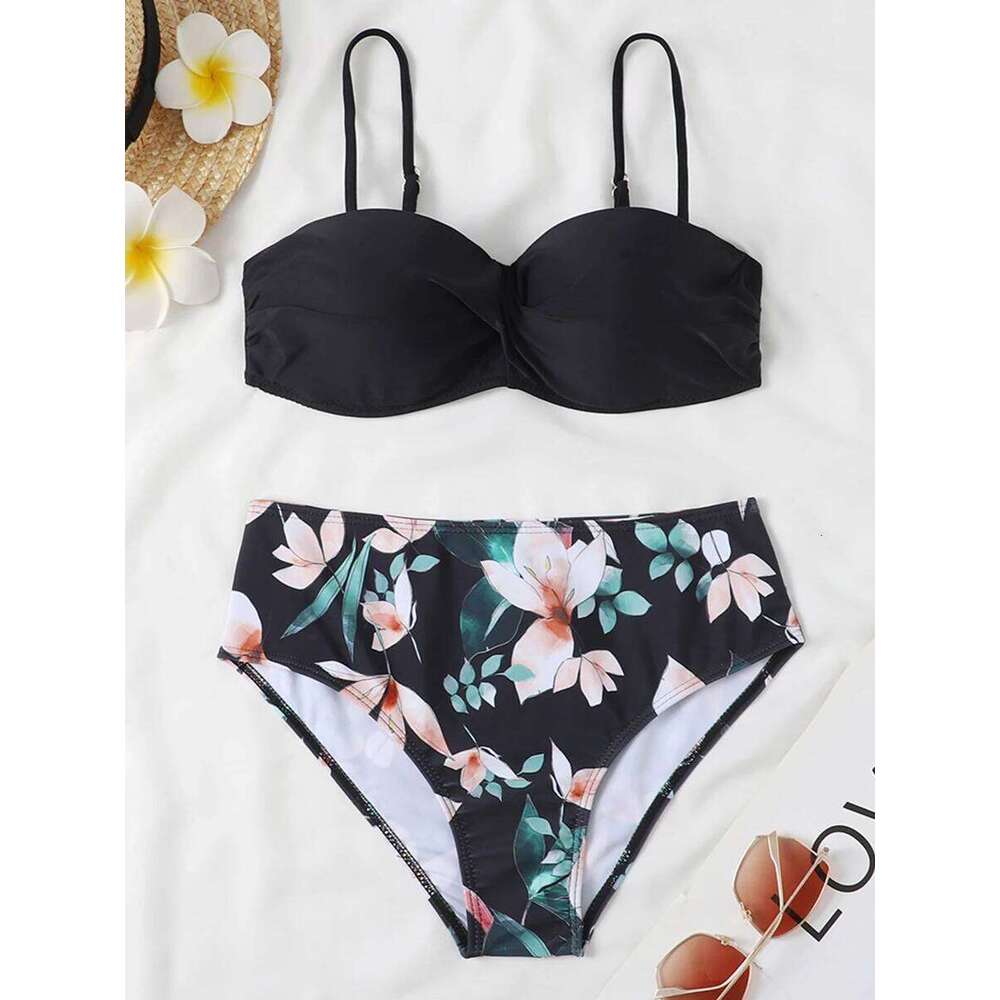 2025 Bandeau Swimsuit Women High Waist Bikini Printed Swimwear Female Padded Bathers Bathing Swimming Swim Suit Beachwear Z260301
