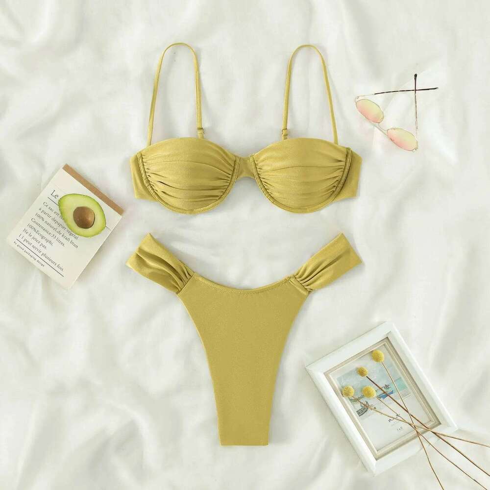 Women Sexy High Cut Bikini Sets Push-up Pleated Bra+Low Waist Briefs Two-Piece Swimsuits Solid Color Swimwear Z260301
