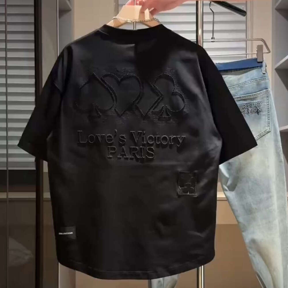 Summer New Heavy Embroidered Letter Crew Neck Short Sleeve Men's Trendy Loose Fit Breathable Turtleneck T-Shirt Base Shirt