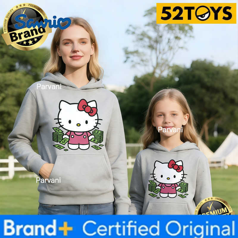 Sanrio 2026 Autumn-Winter Trending Hello Kitty Money Print 100 Cotton Parent-Child Hoodies High Quality Loose Casual Breathable Y2K H260302