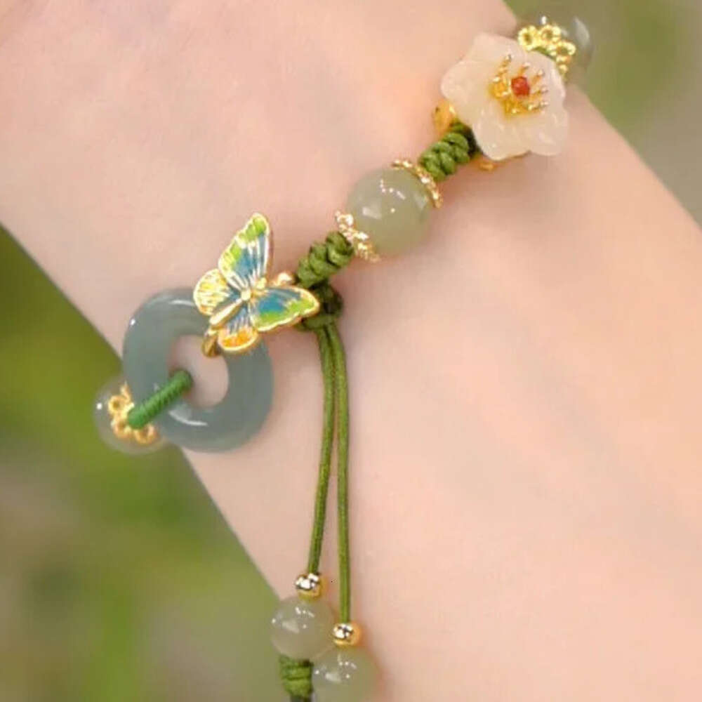 Hand Knotted DIY Jade Stone Jadeite Flower Anklets Charm Jewellery Fashion Accessories Chinese Carved Amulet Gifts For Women Men Liuyuemoshang
