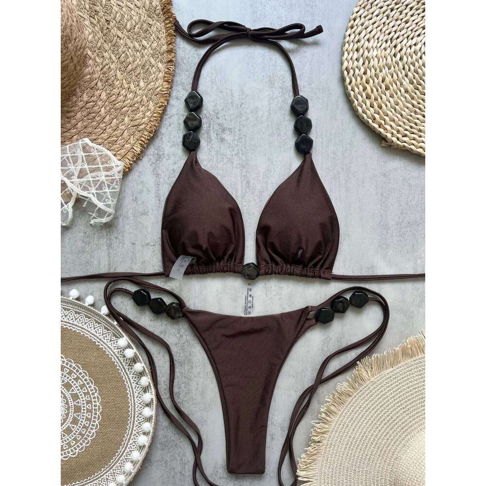 2025 Sexy Bead Swimwear Women Swimsuit Beach Halter V Neck Bikini Set Beachwear Summer Bathing Suit Z260301