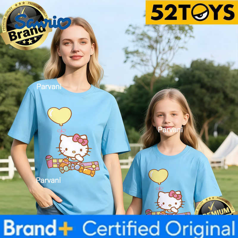 Sanrio 2026 Summer Family Must-Have 52TOYS Hello Kitty Balloon Print T-Shirts 100 Cotton High Quality Parent-Child Tees Single Piece H260302