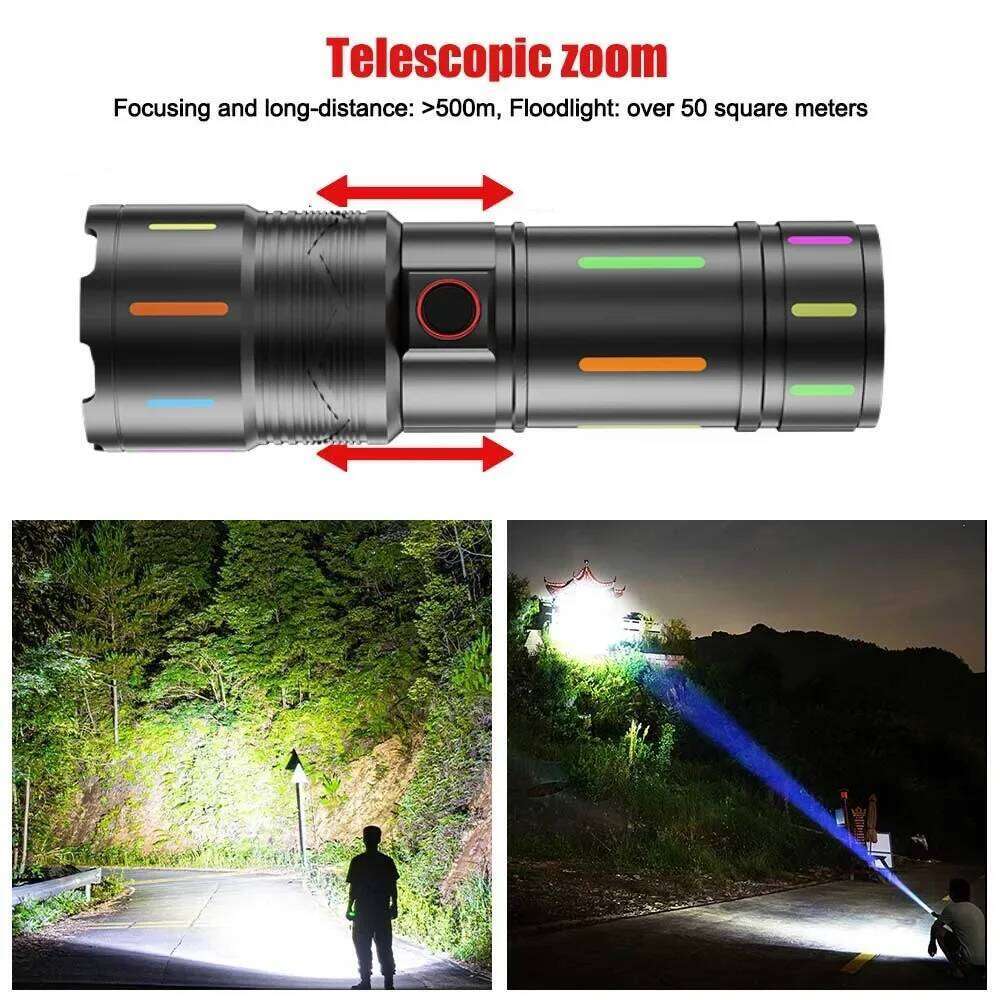 High Power Spotlight White Laser LED Fluorescent Absorbing Film Luminous Colorful Zoom Flashlight Camping Emergency Z260301