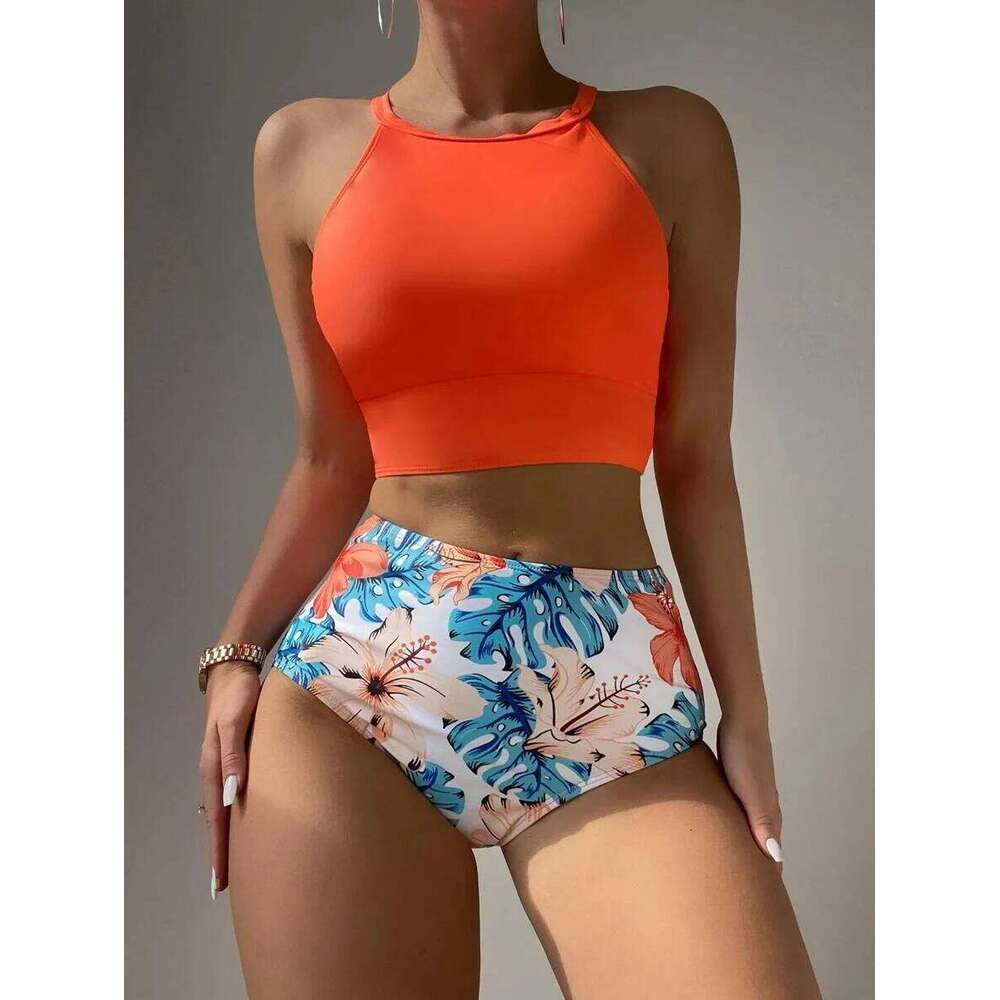 2025 Waist Bikinis Women High Neck Swimsuit Floral Swimwear Female Bathers Bathing Swimming Suit Summer Beachwear Z260301