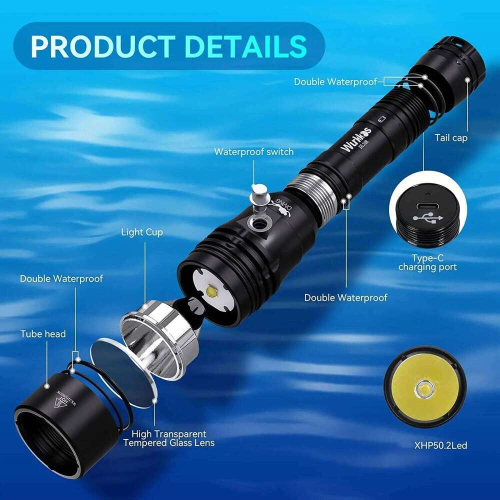 Wurkkos DL20R USB C Rechargeable Diving Light Powerful 3200lm XHP50.2 18650 Flashlight with Magnetic Control Switch Z260301
