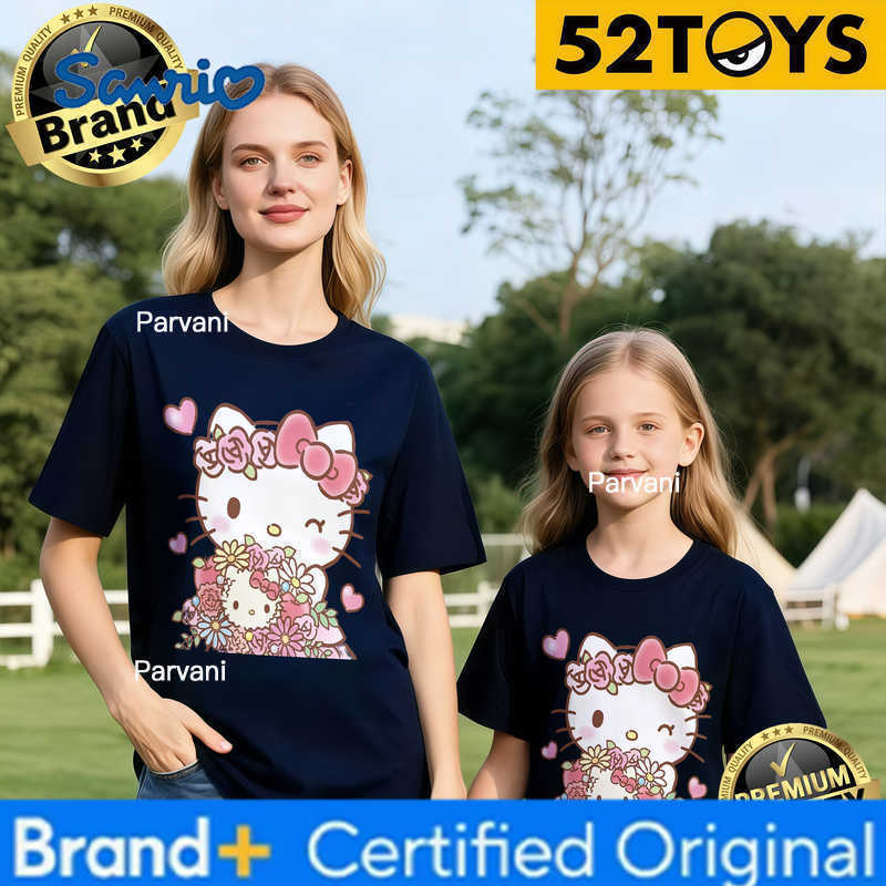 Sanrio 2026 Autumn-Winter Trending Hello Kitty Floral Print 100 Cotton Parent-Child T-Shirts High Quality Loose Casual Breathable H260302