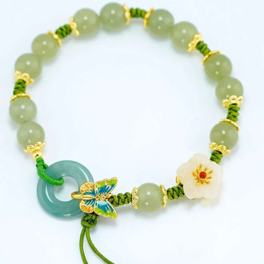 Hand Knotted DIY Jade Stone Jadeite Flower Anklets Charm Jewellery Fashion Accessories Chinese Carved Amulet Gifts For Women Men Liuyuemoshang