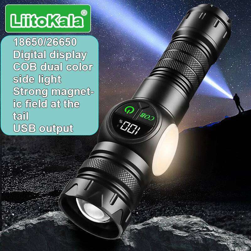 LiitoKala Digital Display Flashlight COB Side Light Compatible with 18650/26650 Batteries Handheld Tactical LED Lamp Z260301