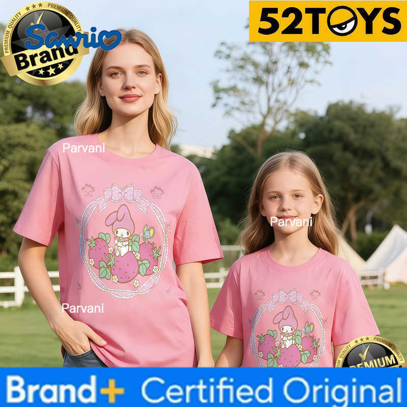 Sanrio 2026 Summer Family Must-Have 52TOYS My Melody Strawberry Print T-Shirts 100 Cotton High Quality Parent-Child Tees Single Piece H260302