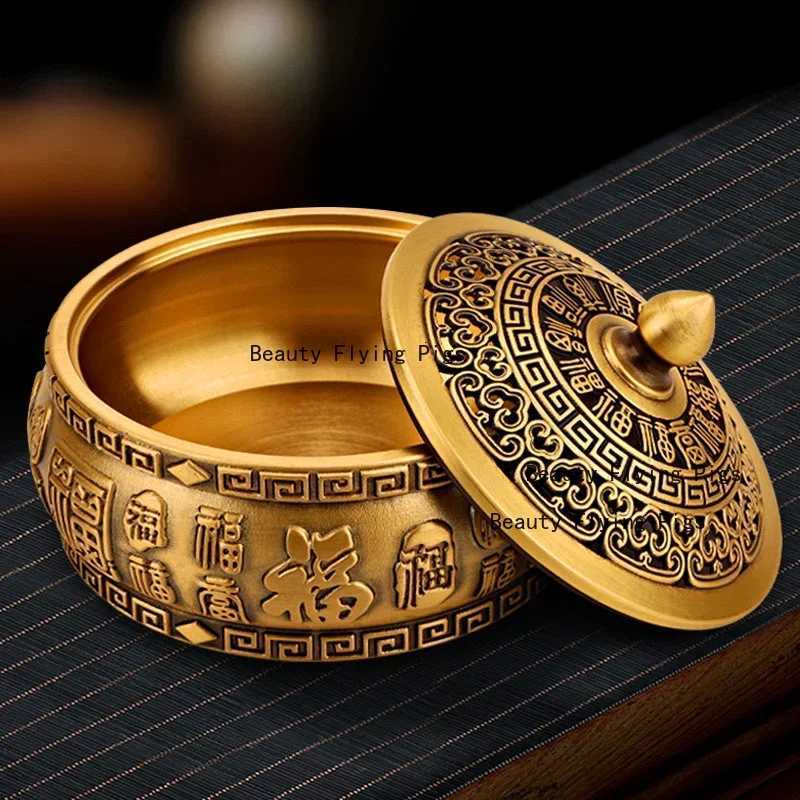 1pc Metal Ashtray Flat Bottomed Ashtray with Lid Desktop Ornament Buddhist Temple Utensils Incense Burner Home DecorationT260302