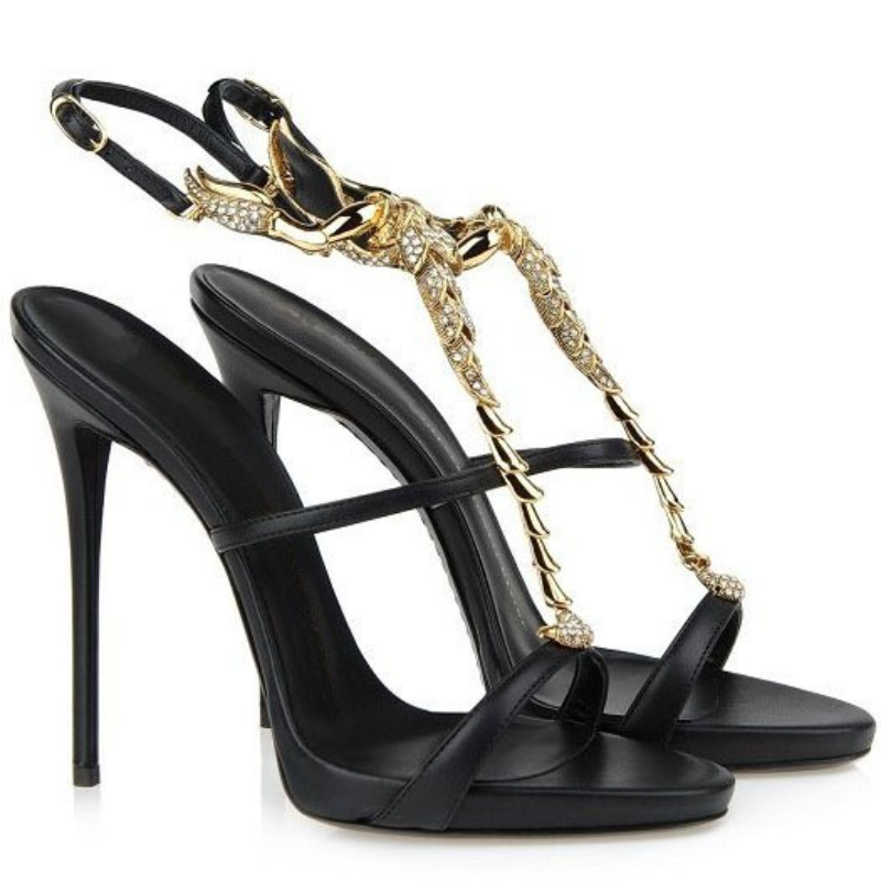 Sexy Black Bling Rhinestone Metal Decoration Open Round Toe Summer Women Sandals Stiletto High Heels Ankle Buckle Strap Crystal Scorpion T-Strap Roma Hollow Shoes