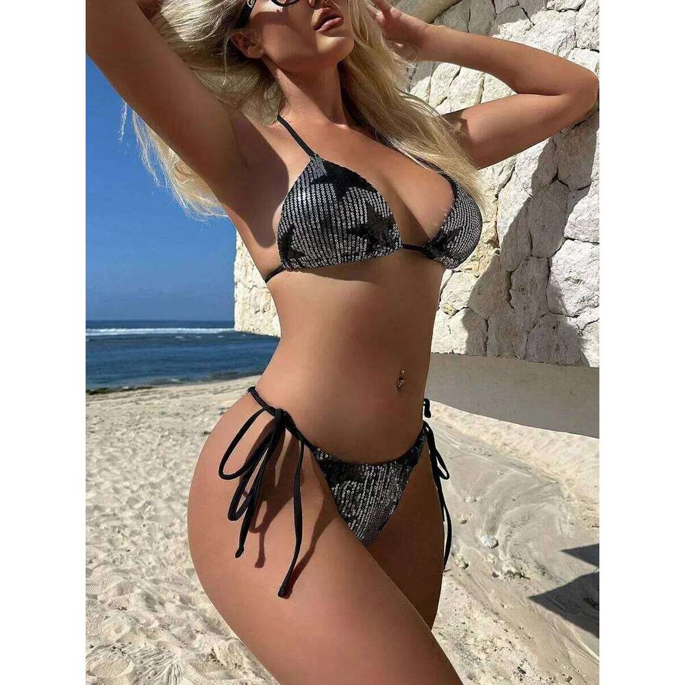 Halter Shiny Star Sequins 2025 Women Swimsuit Female Swimwear Two Pieces Bikini Set Brazilian Bathing Suit Swim Beachwear Z260301
