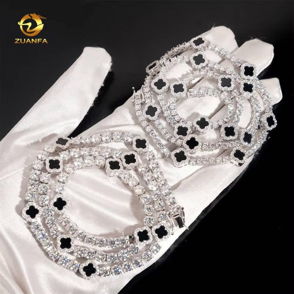 Iced Out 3mm 5mm 925 Silver Moissanite Diamond Tennis Necklace with Flower Design Fashion Tennis Jewelry for Men Women