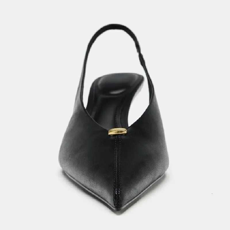 Sexy Black Pointed Toe Slingbacks Pumps Women Fashion Metal Decoration Sewing Designer Shoes Comfortable Commuter Office Shoes K260302