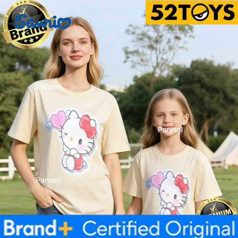 Sanrio 2026 Autumn-Winter Trending Hello Kitty Heart Bubble Print 100 Cotton Parent-Child T-Shirts High Quality Loose Casual Y2k H260302