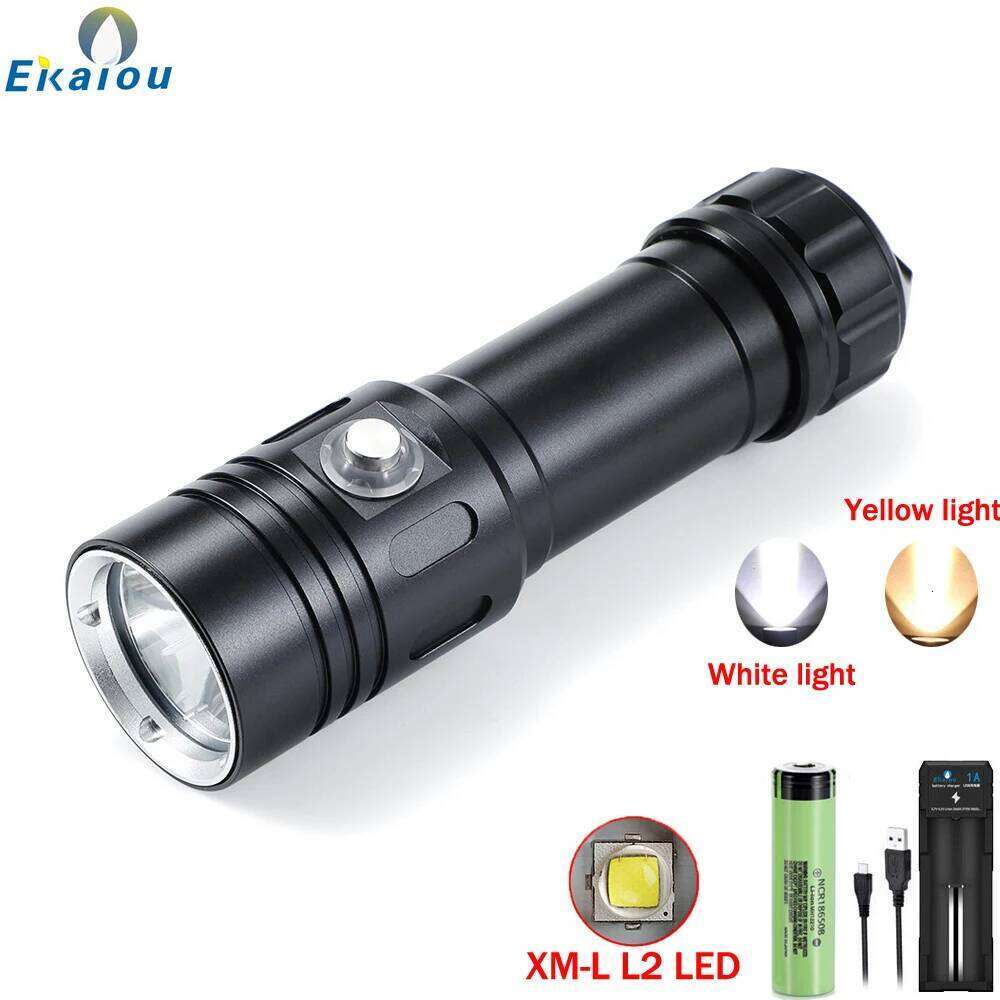Ekaiou Light 2000 Lumens Super Bright Scuba Dive Flashlight IP68 Waterproof For 100m Underwater Diving Catching Fish Lamp Z260301
