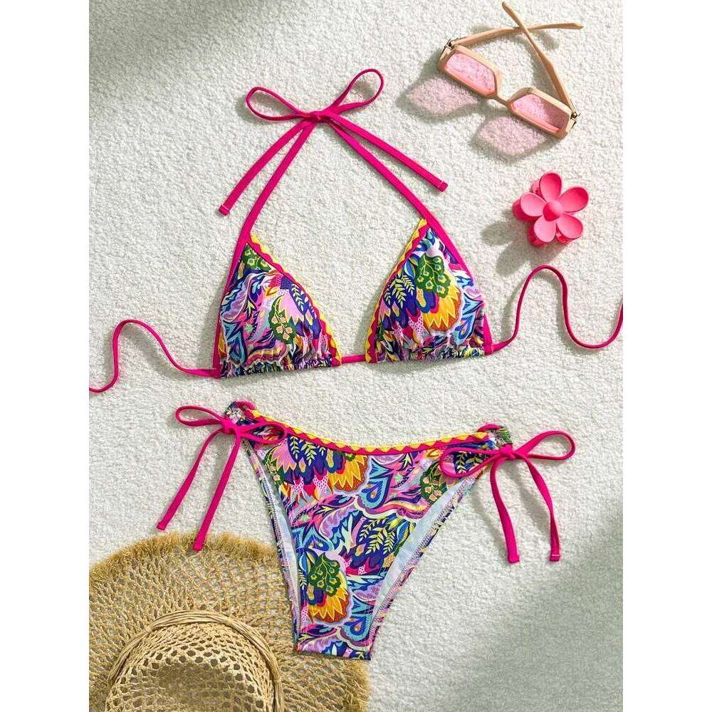 Micro Bikini Women Swimsuit 2026 New Print Halter Bikinis Set Sexy Lace Up Swimwear Summer Two Piece Beach Bathing Suit Female Z260301