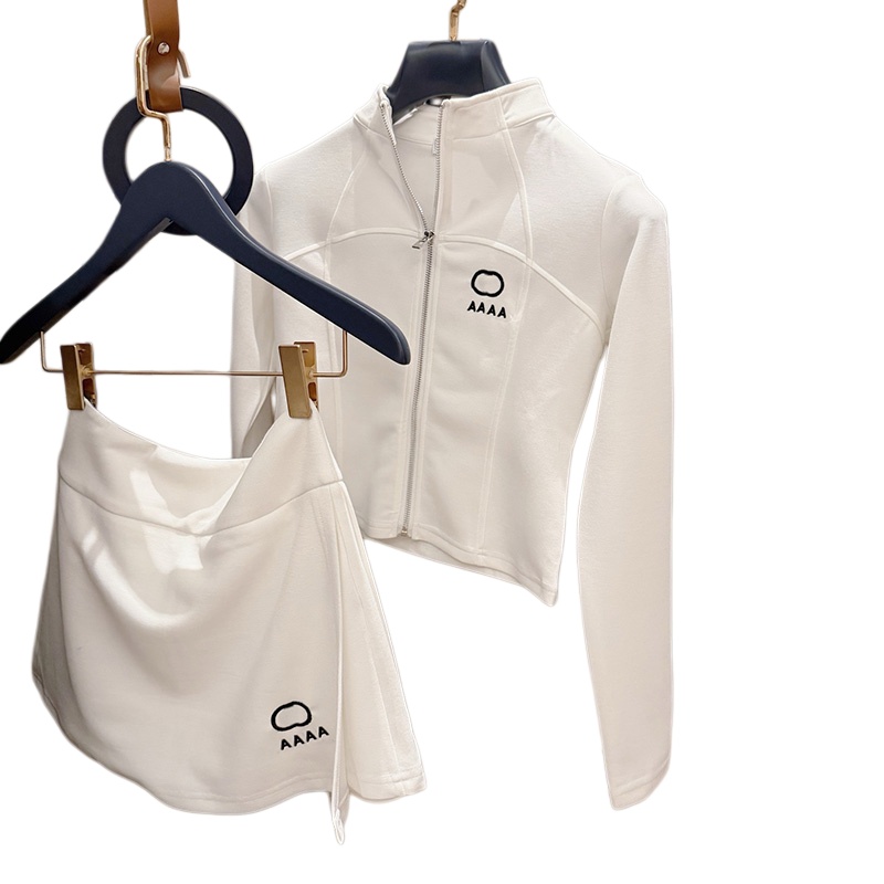 Luxury Letter Embroidered Skirt Jacket Set Women White Crop Slim Fit Coat Summer Dry Quicker Sport Yoga Running Mini Skirts Tracksuit Set