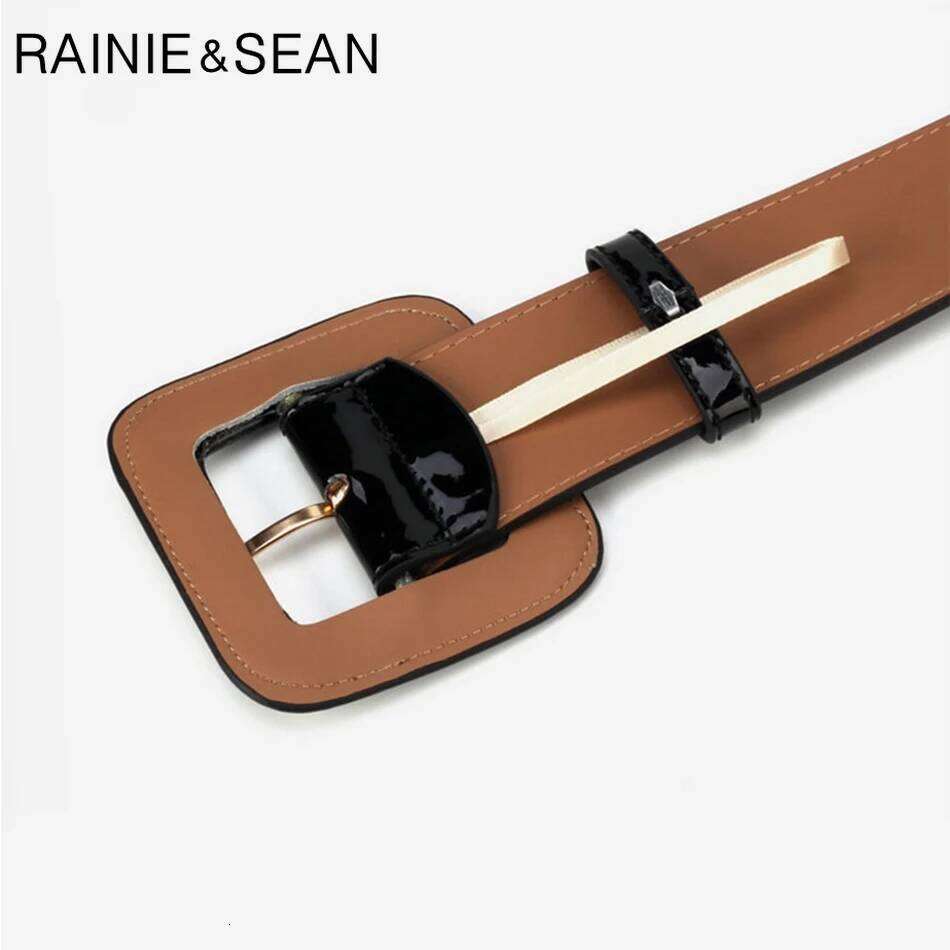 RAINIE SEAN Wide Female Dress Belts Patent Leather Genuine Cowhide Black Elegant French Luxury Designer Women Waist Belt S260228