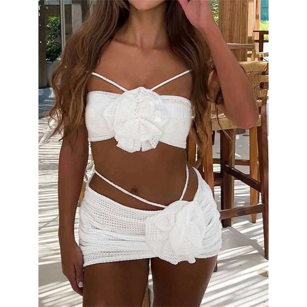 3 Piece Purple White Bikini Set Women Bandeau Big 3D Flower Swimsuit 2024 Beach Push Up Bathing Suit Skirt Swimwear Z260301