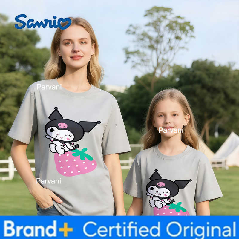 Sanrio 2026 Summer Kuromi Retro High-Quality 100 Cotton Mens T-shirt Oversized Cute Strawberry Print Top Unisex Family Matching H260302
