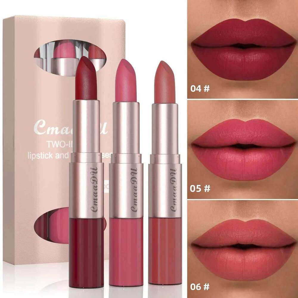 3pcs Lipstick Lipgloss Set Double Head Non-stick Cup Waterproof Sexy Woman Lip Makeup Long Lasting Lipsticks Kit H260302