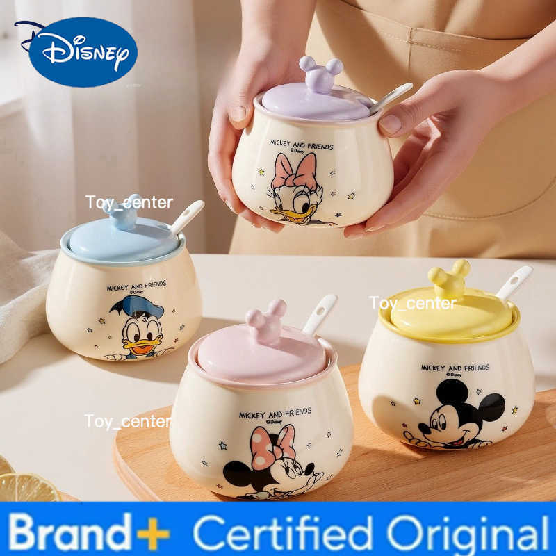 Disney Mickey Minnie Cartoon Anime Ceramic Seasoning Jar with Spoon Cute Kitchen Supplies Donald Duck Salt Jar Gift for Girls H260302