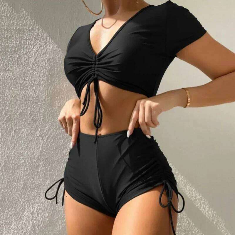Black Drawstring Swimwear Bikinis Sets Mujer 2026 Crop Top Shorts Bottom Swimsuit Women Sexy Bathing Suit Beachwear Bikini Swim Z260301