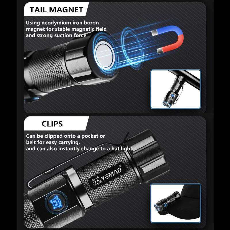 YEMAO F602X Portable P50 LED Flashlights With Pocket Clip Magnetic 5 Lighting Modes 1000LM Rechargeable IP65 Torch 16340 Battery Z260301