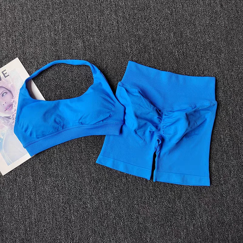 2 Pieces Yoga Suit for Women Seamless Fitness Gym Clothes Halter Sports Bra Matching Impact Shorts Workout Sets Gym Set Outfit 260206