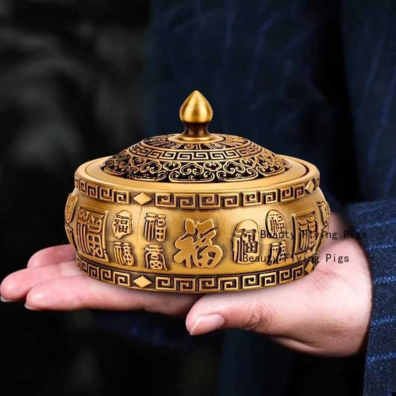 1pc Metal Ashtray Flat Bottomed Ashtray with Lid Desktop Ornament Buddhist Temple Utensils Incense Burner Home DecorationT260302