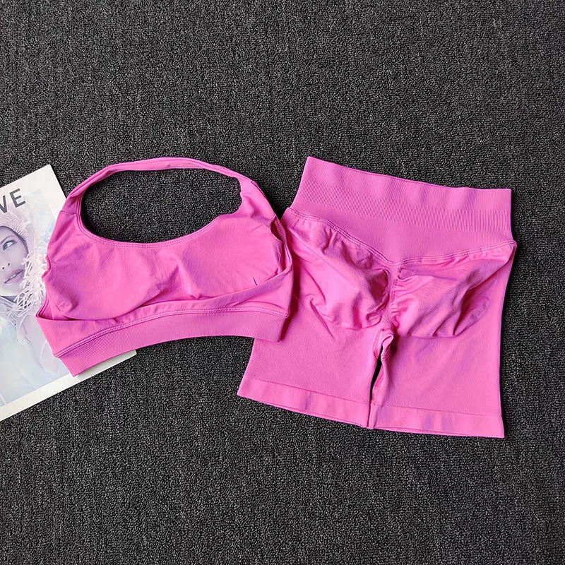 2 Pieces Yoga Suit for Women Seamless Fitness Gym Clothes Halter Sports Bra Matching Impact Shorts Workout Sets Gym Set Outfit 260206