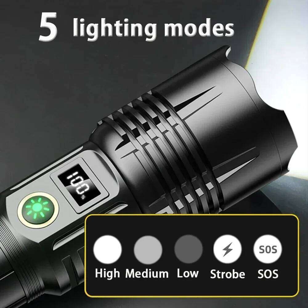 Super Bright LED Flashlight Rechargeable Zoom Long Range Aluminum Alloy Torch with Digital Power Display for Outdoor Camping Z260301